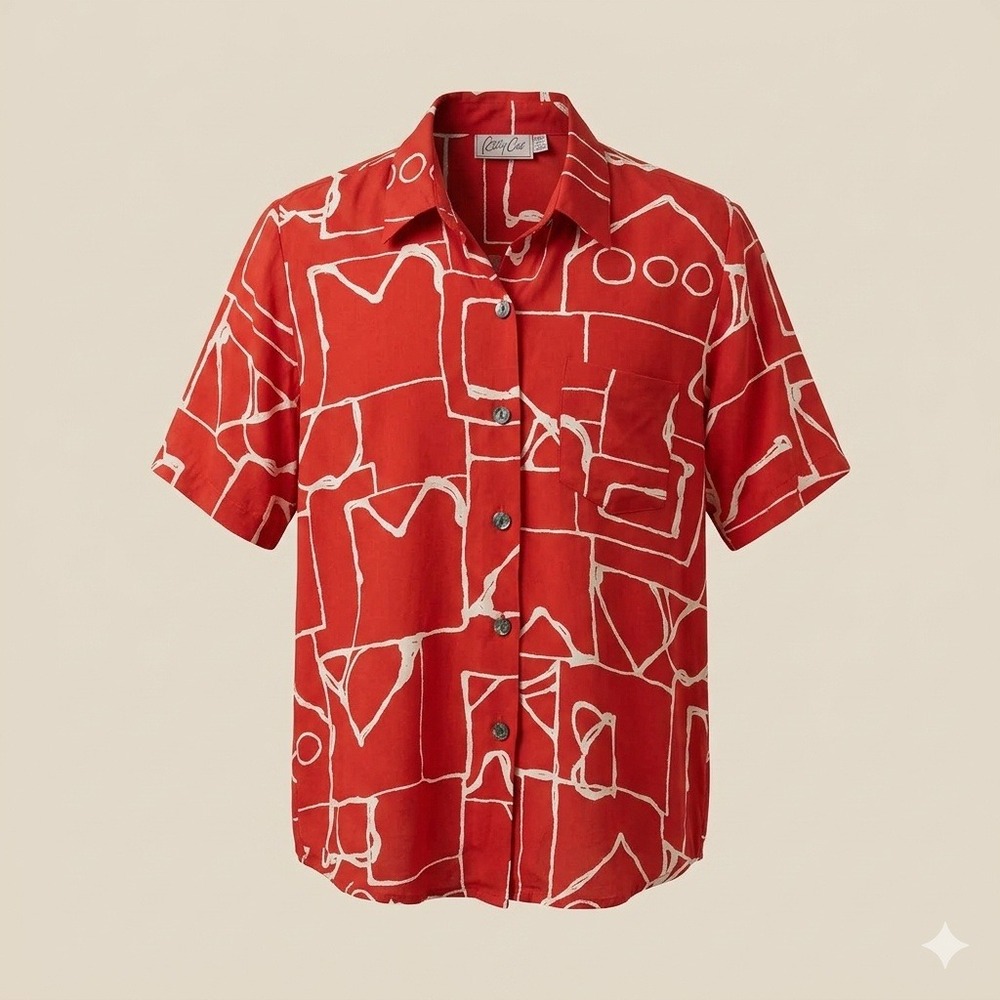 Cathy Che Womens Abstract Graphic Geometric Rayon Shirt Red White L Vintage 90s
